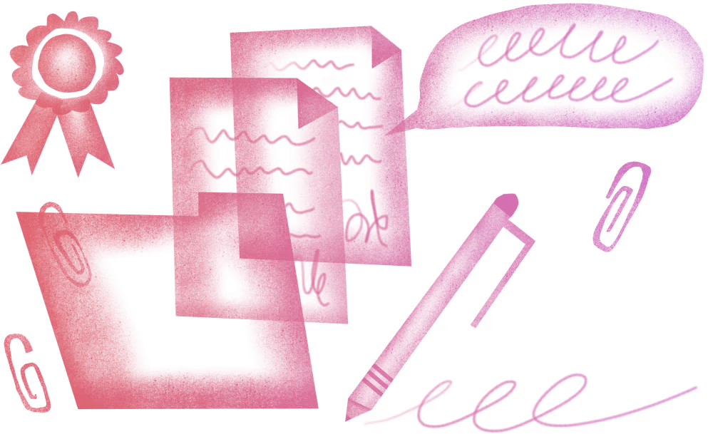 Illustration of a red ribbon, sheets of paper, folders with paper clips, a pen, and a speech bubble with scribbles, all in pink tones on a white background.