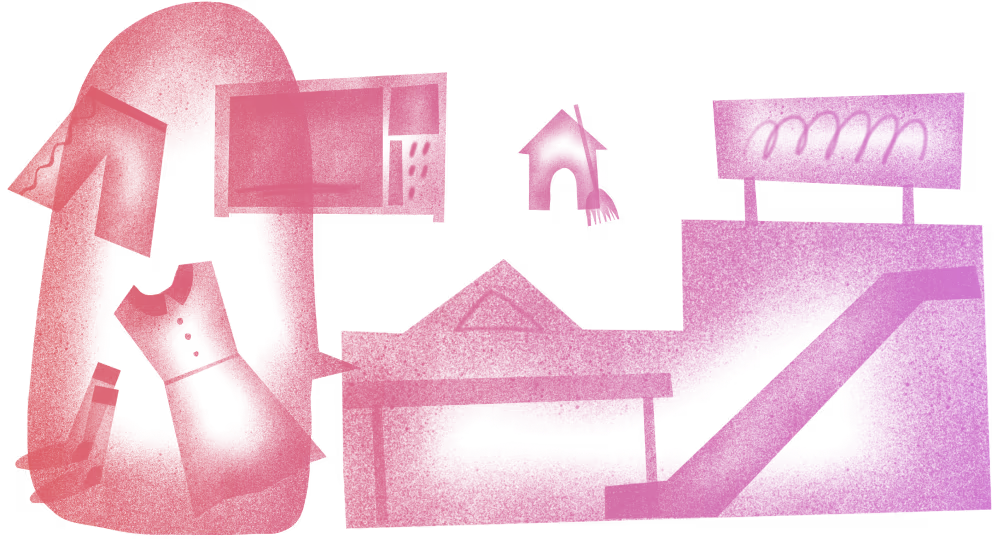 Abstract pink illustration showing a head silhouette filled with a dress, a paper, and a pencil, next to abstract shapes of a house, doghouse, window, and a billboard with a wavy line on it.