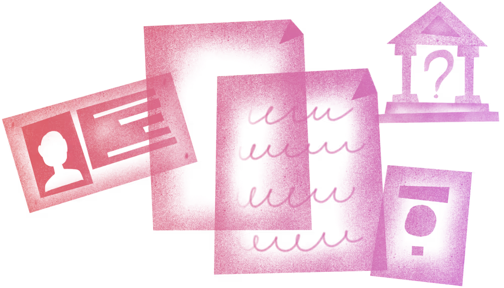 Pink and purple stylized illustration of documents, an ID card, and a building with a question mark, representing paperwork, identification, and uncertainty about an institution.