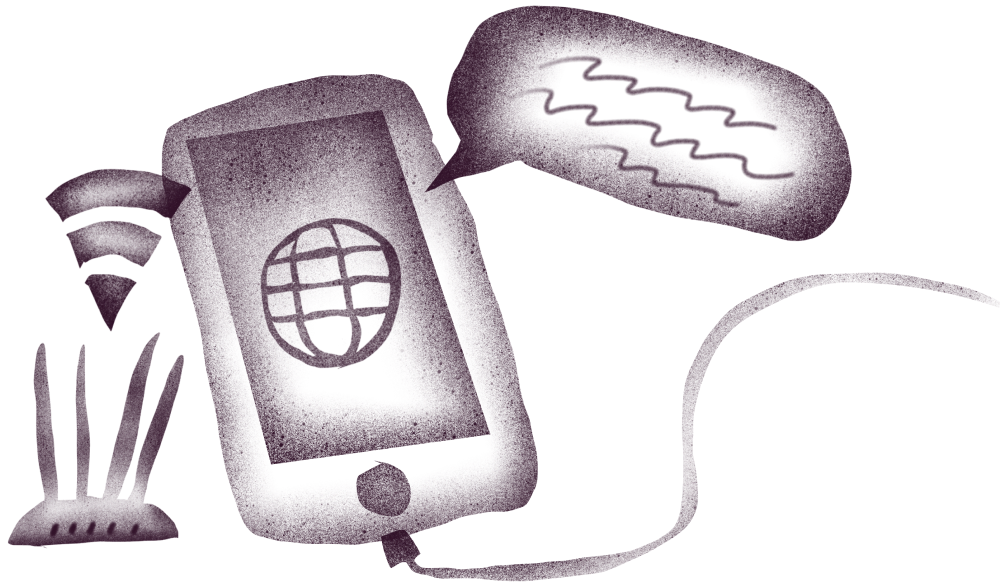 A stylized illustration of a smartphone connected by a cable, displaying a globe on its screen. Nearby are a Wi-Fi router with signal waves and a speech bubble with wavy lines, representing digital communication.
