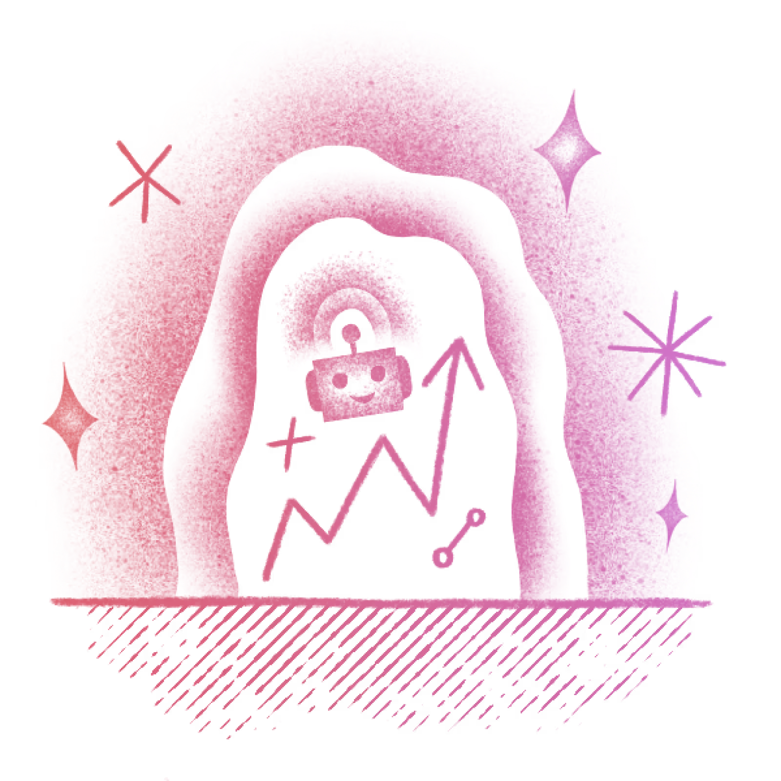 A pink-toned illustration showing a smiling robot above an upward-trending graph, surrounded by sparkles, suggesting security and growth.