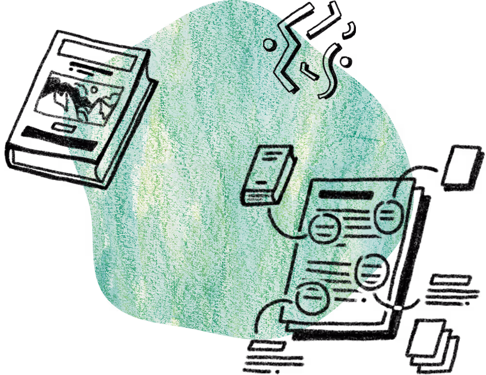 Black and white sketch of a book, a notebook with diagrams and notes, and a smartphone, all placed over a green abstract textured background.