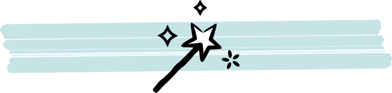 A black magic wand with sparkles is drawn over three horizontal light blue brush strokes.