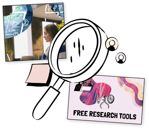 A collage shows a woman using a computer, a large illustrated magnifying glass, question marks, and a graphic with the text FREE RESEARCH TOOLS and colorful abstract shapes.