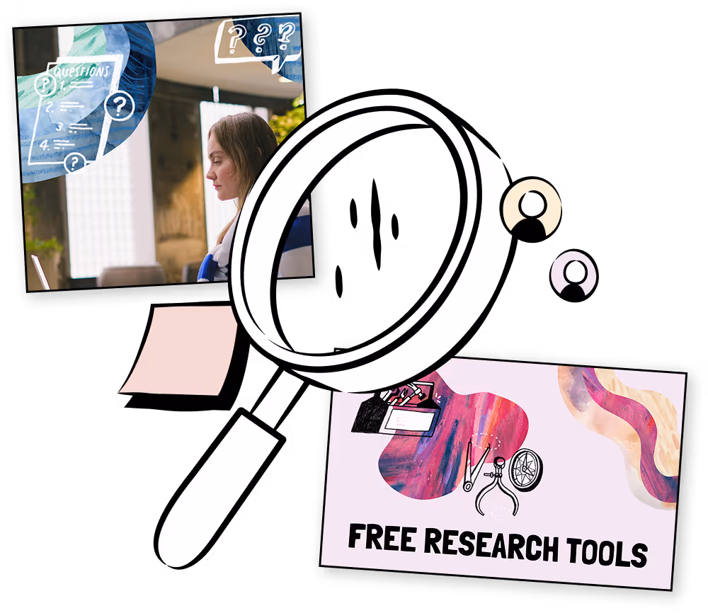 A collage shows a woman using a computer, a large illustrated magnifying glass, question marks, and a graphic with the text FREE RESEARCH TOOLS and colorful abstract shapes.