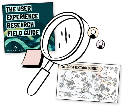 A large magnifying glass hovers over a field guide titled The User Experience Research Field Guide and a fantasy-style 2024 UX Tools Map, with sticky notes and abstract shapes nearby.