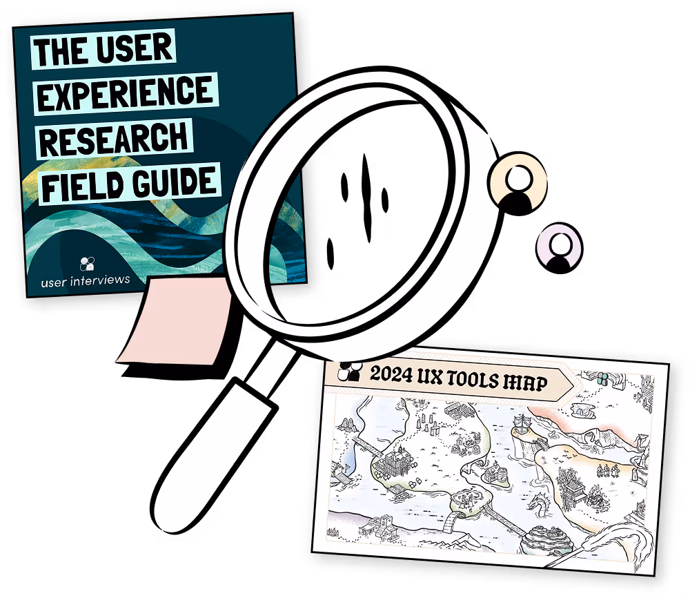 A large magnifying glass hovers over a field guide titled The User Experience Research Field Guide and a fantasy-style 2024 UX Tools Map, with sticky notes and abstract shapes nearby.