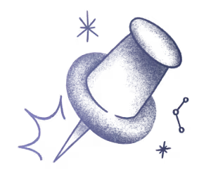 A stylized, dotted illustration of a push pin with decorative stars and lines around it, set against a plain light background.