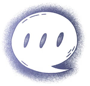 A hand-drawn speech bubble with three vertical dots inside, outlined in a textured blue gradient, on a white background.