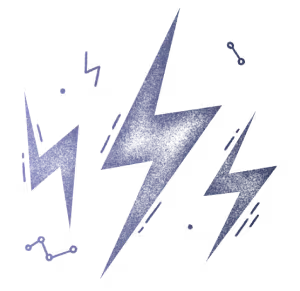 Three stylized purple lightning bolts with a textured, grainy effect, surrounded by small geometric shapes and lines on a white background.