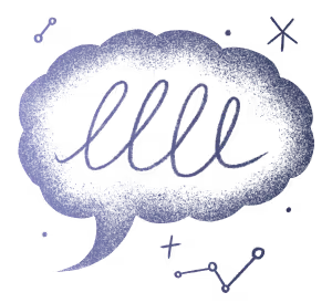 A purple speech bubble with a scribble inside, surrounded by small, abstract shapes and lines on a light background.