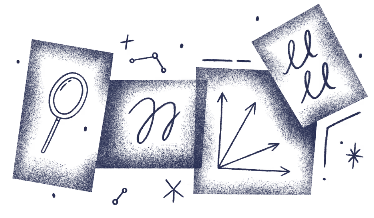 A stylized illustration featuring four cards: a magnifying glass, a squiggly line, a set of three arrows pointing in different directions, and a card with three loops, surrounded by abstract dots, lines, and stars.