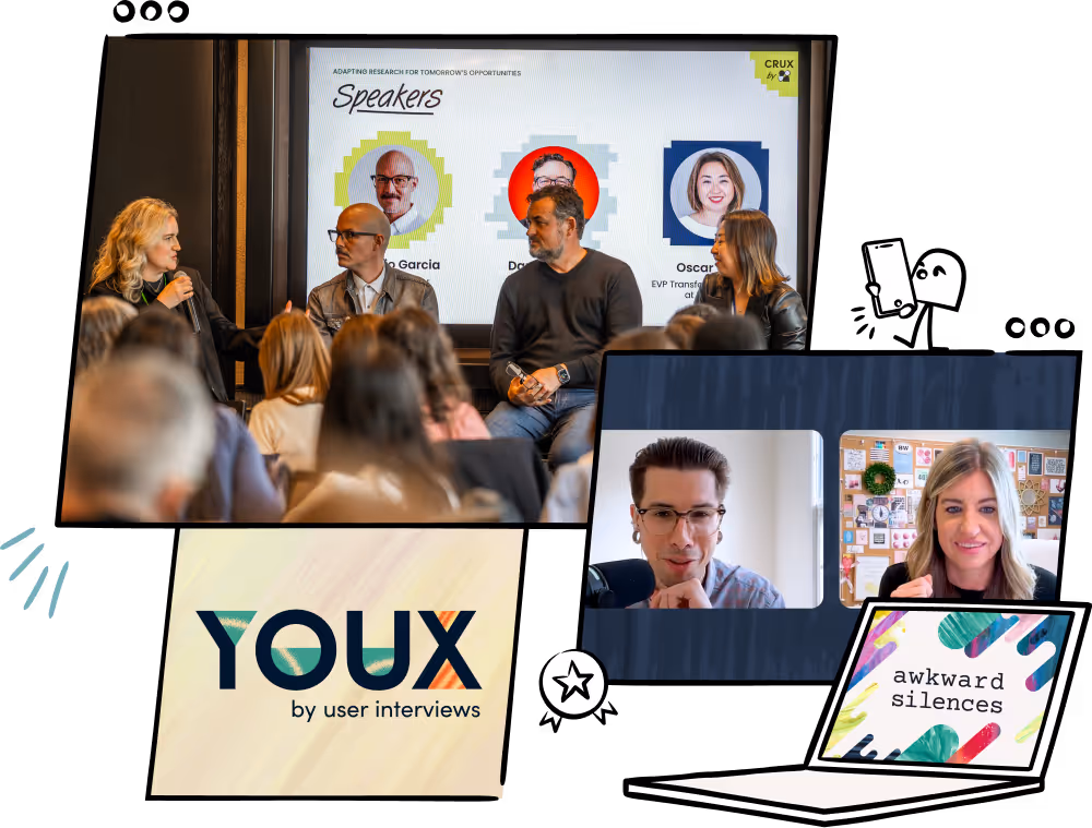 A photo collage shows a panel discussion, a virtual meeting between two people, a YOUX by user interviews logo, and a laptop screen with awkward silences displayed.