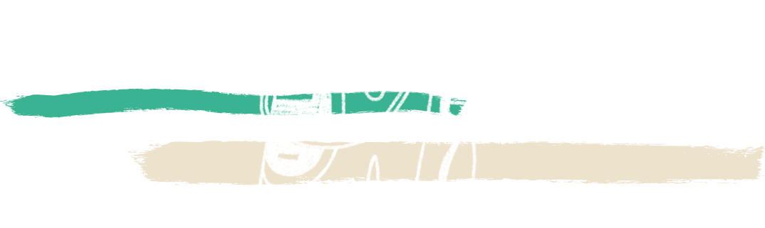 Abstract illustration with two uneven horizontal brush strokes, one green and one beige, crossing behind a faint, white geometric doodle on a light gray background.