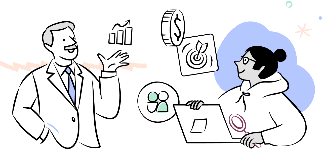 Illustration of a man in a suit gesturing next to a woman with glasses working on a laptop surrounded by icons of a dollar coin, target, and people.