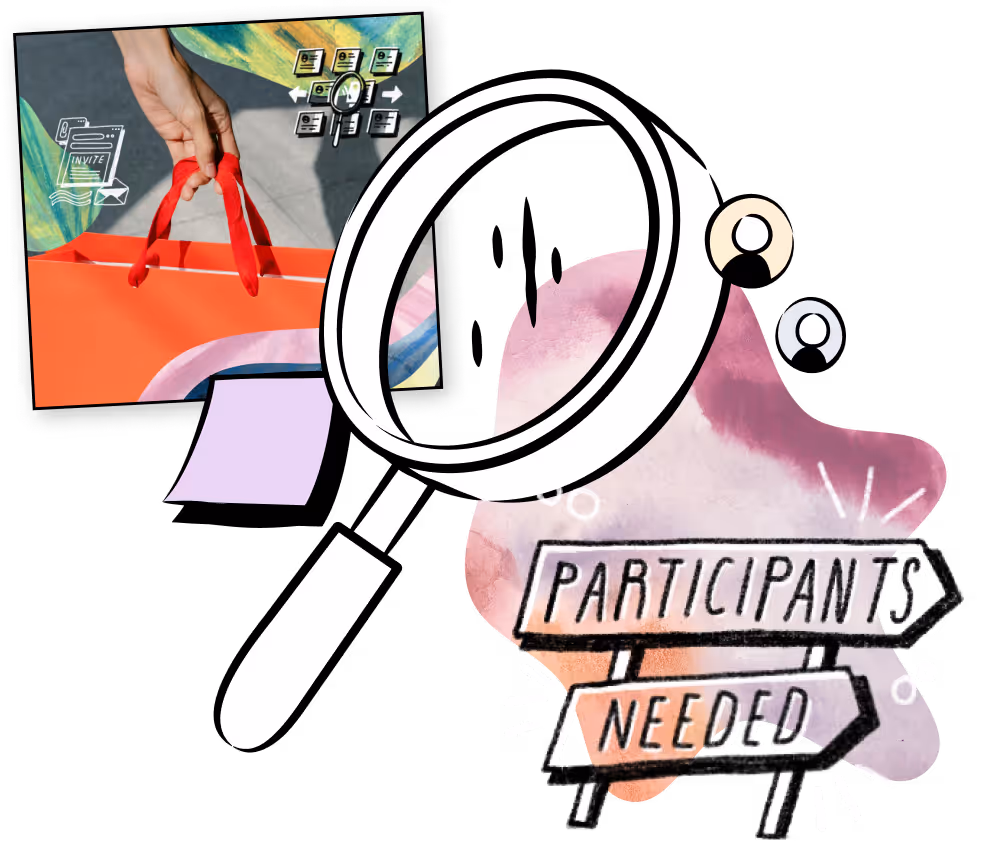 Hand holding red shopping bag handles next to a magnifying glass illustration and a sign reading 'Participants Needed'.