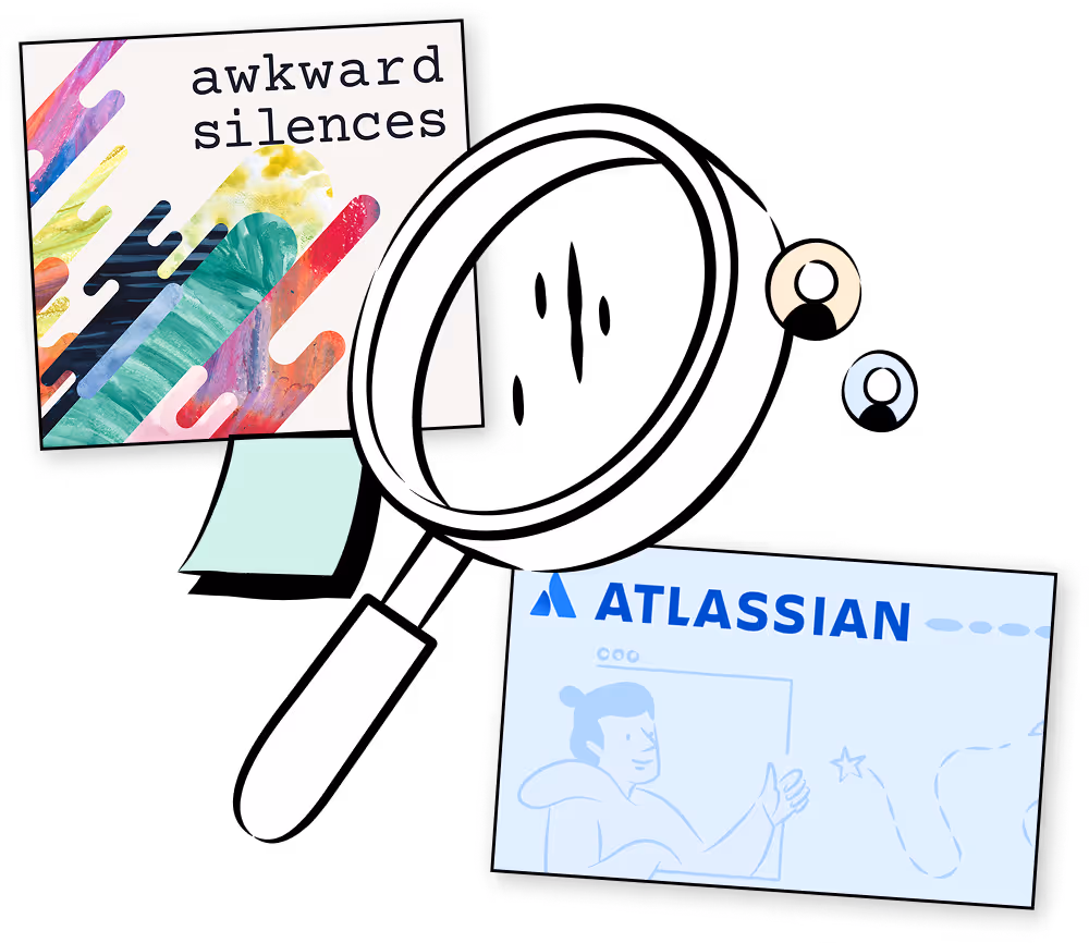 Illustration featuring a large magnifying glass between a colorful card with text 'awkward silences' and a blue card with the Atlassian logo and a cartoon figure giving a thumbs up.