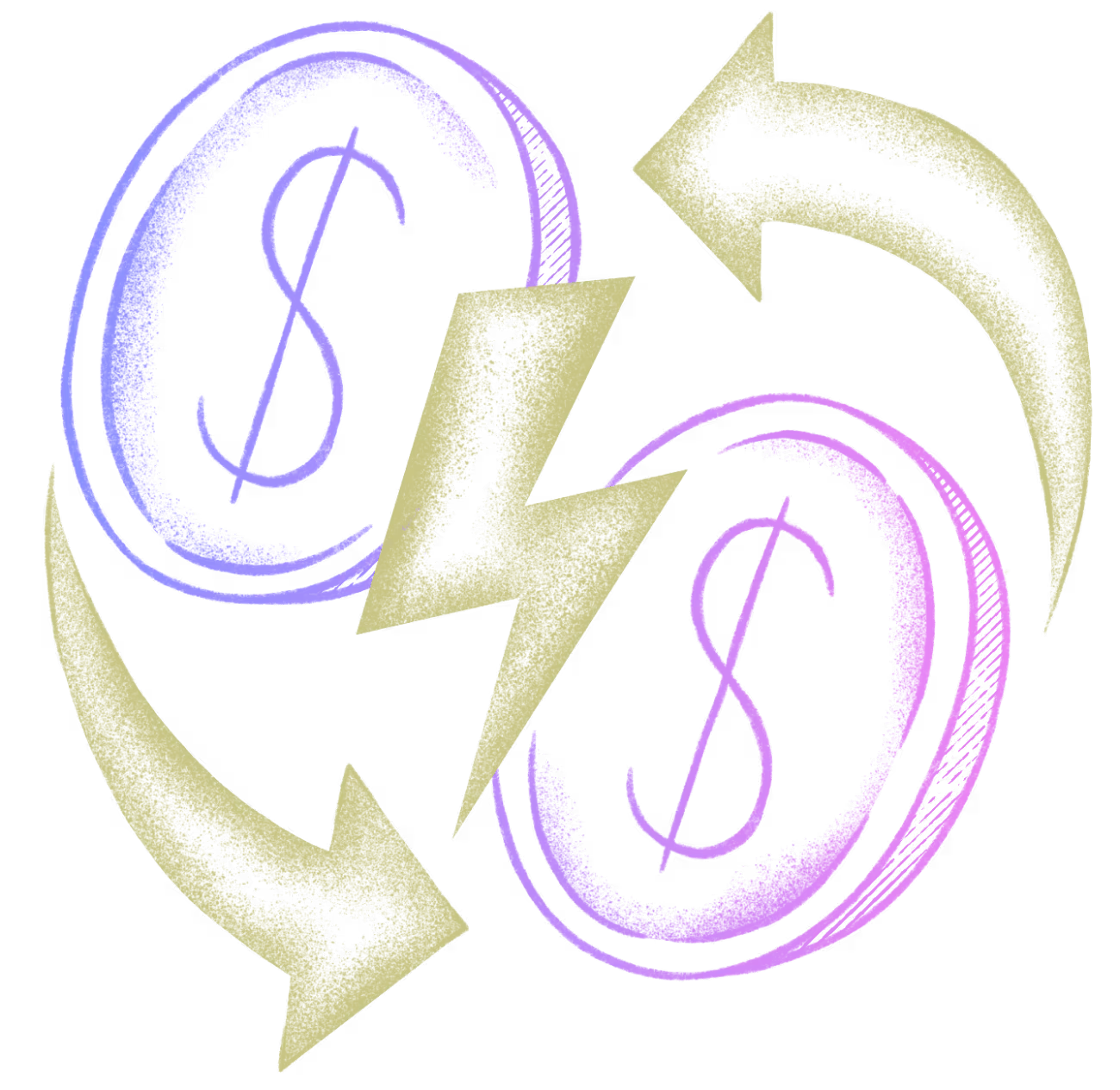 Illustration of two purple dollar coins connected by a yellow lightning bolt and circular arrows symbolizing money exchange or energy transfer.