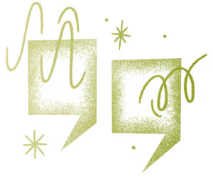 Abstract green square shapes resembling quotation marks with decorative swirls and small star-like accents on a transparent background.