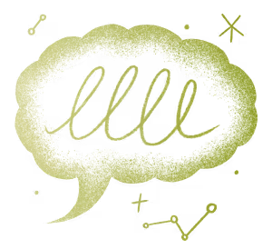 Green speech bubble with a scribble and small abstract symbols around it.