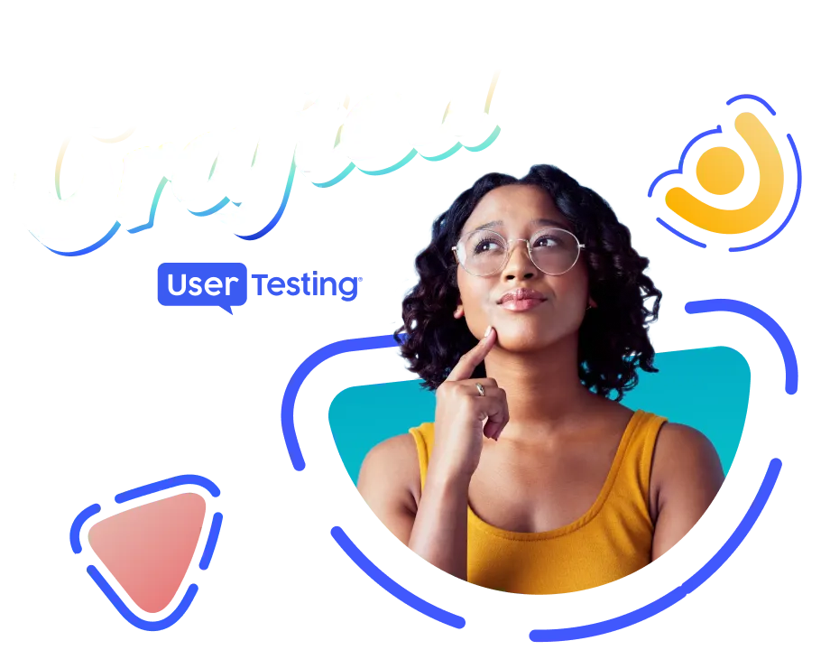 Woman with curly hair and glasses in a yellow tank top thinking with her finger on her chin against a colorful graphic background.