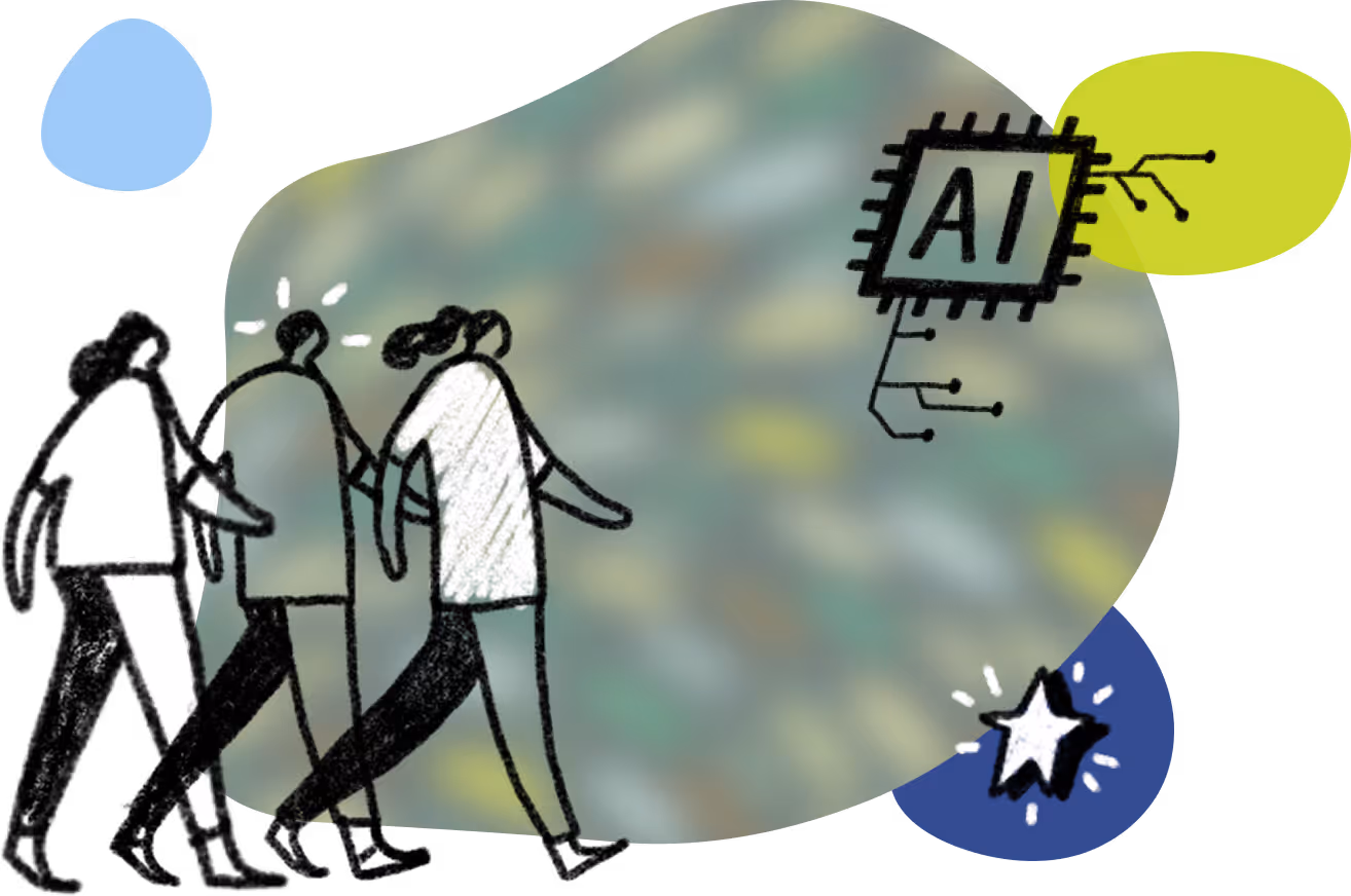 Sketch of two people walking toward a floating AI chip and a glowing star symbol.