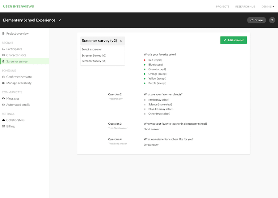 The User Interviews dashboard when you are viewing your Screener surveys.