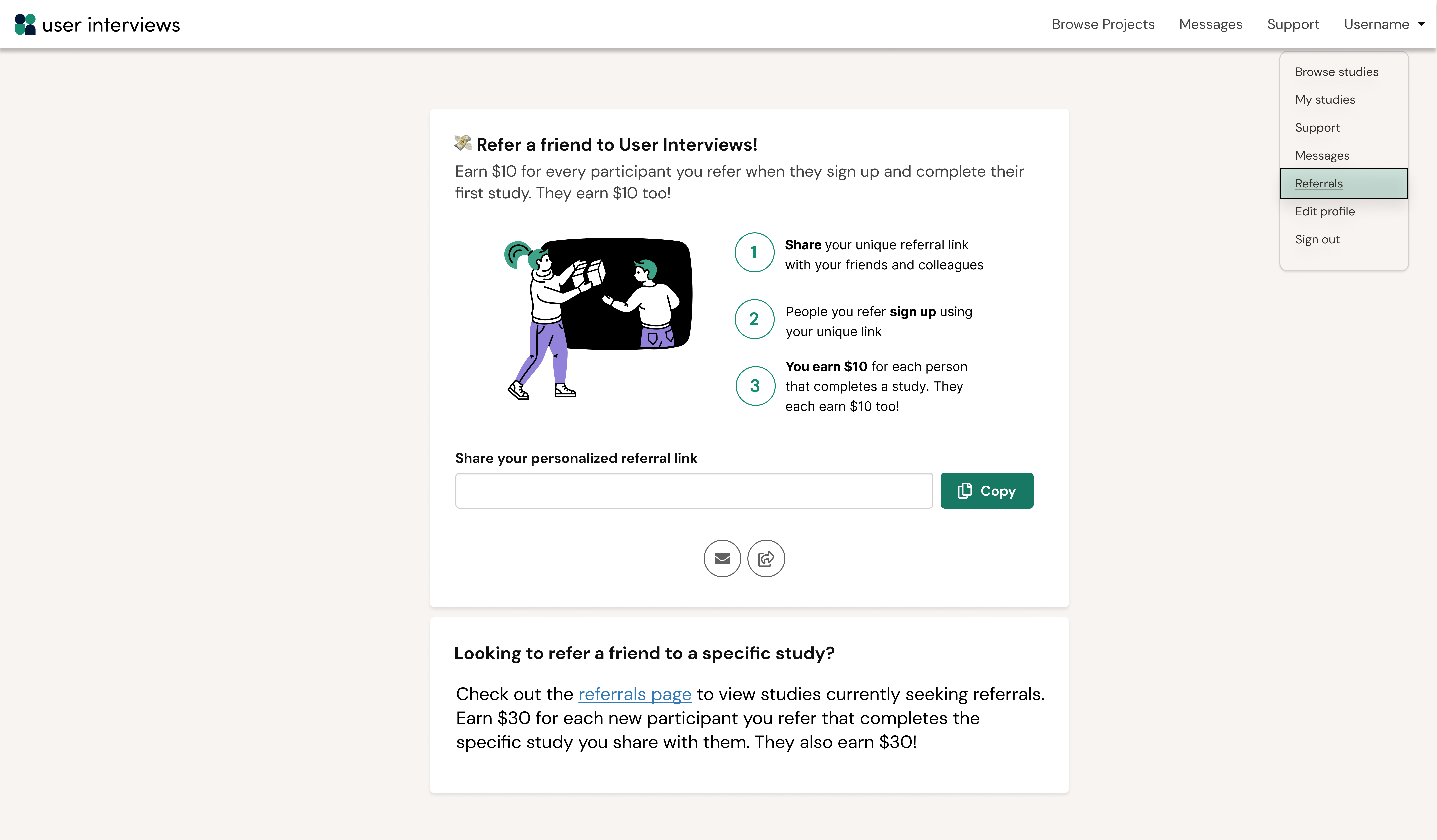 Screenshot of the User Interviews participant platform: referral page