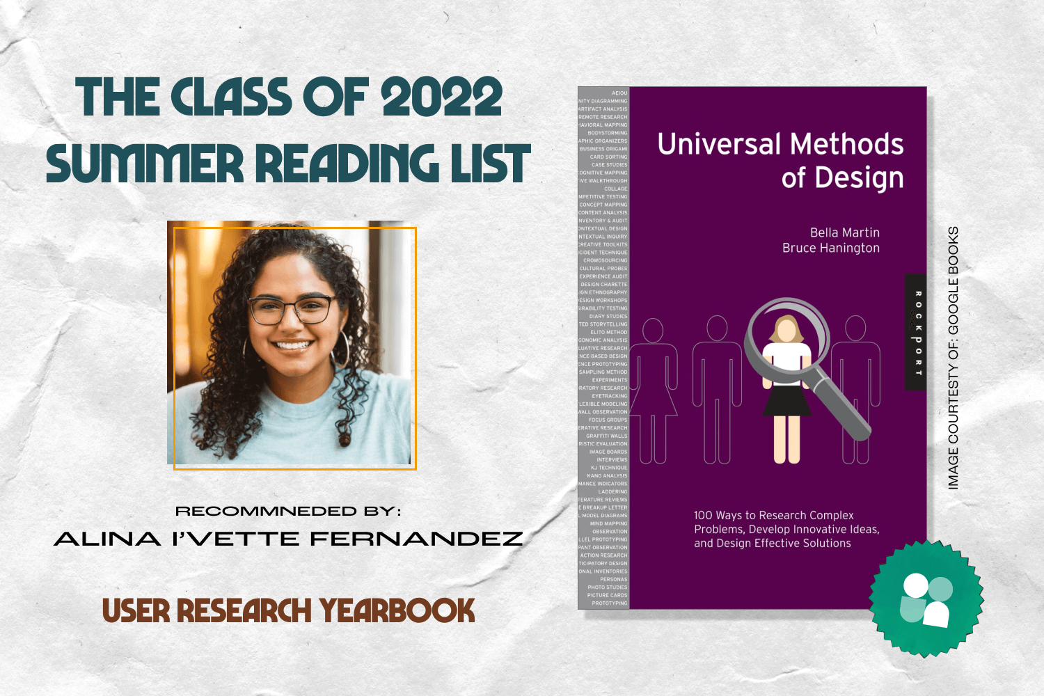 ux researcher book recommendation - alina i'vette fernandez headshot with cover image of universal methods of design