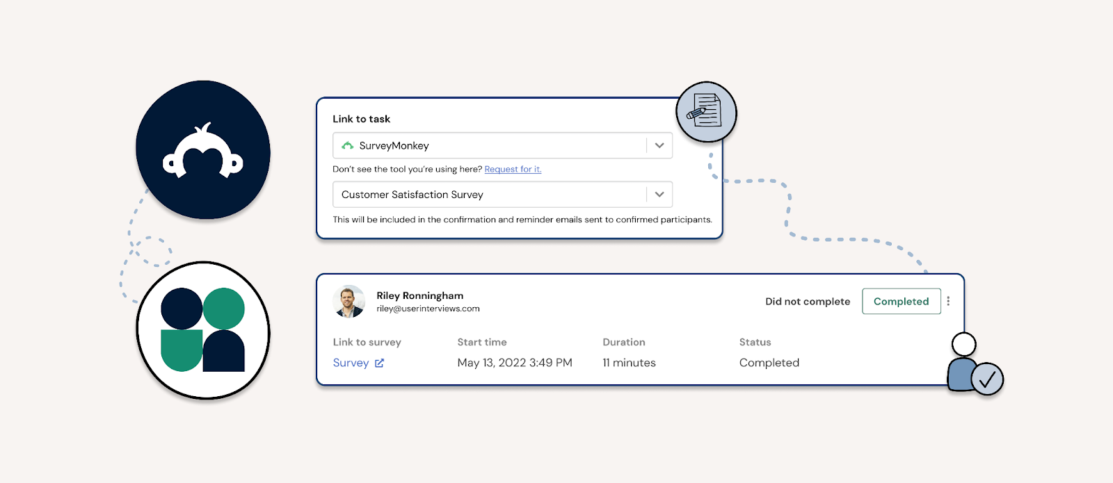 screenshot of user interviews + survey integration; send customer satisfaction surveys directly from the user interviews platform