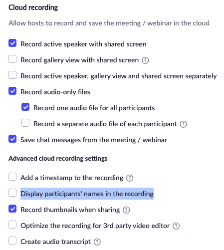 screenshot of Zoom cloud recording settings. How to hide participant names in recordings