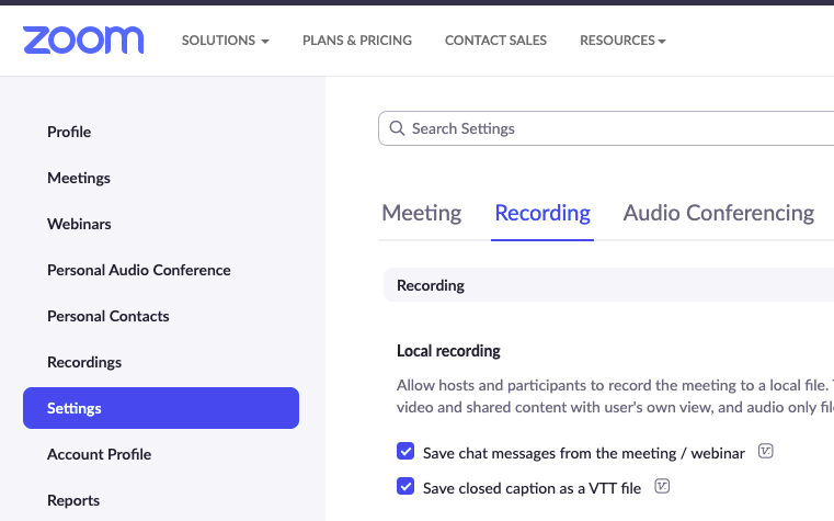 screenshot of Zoom settings > recording dashboard. how to hide participant names in recordings