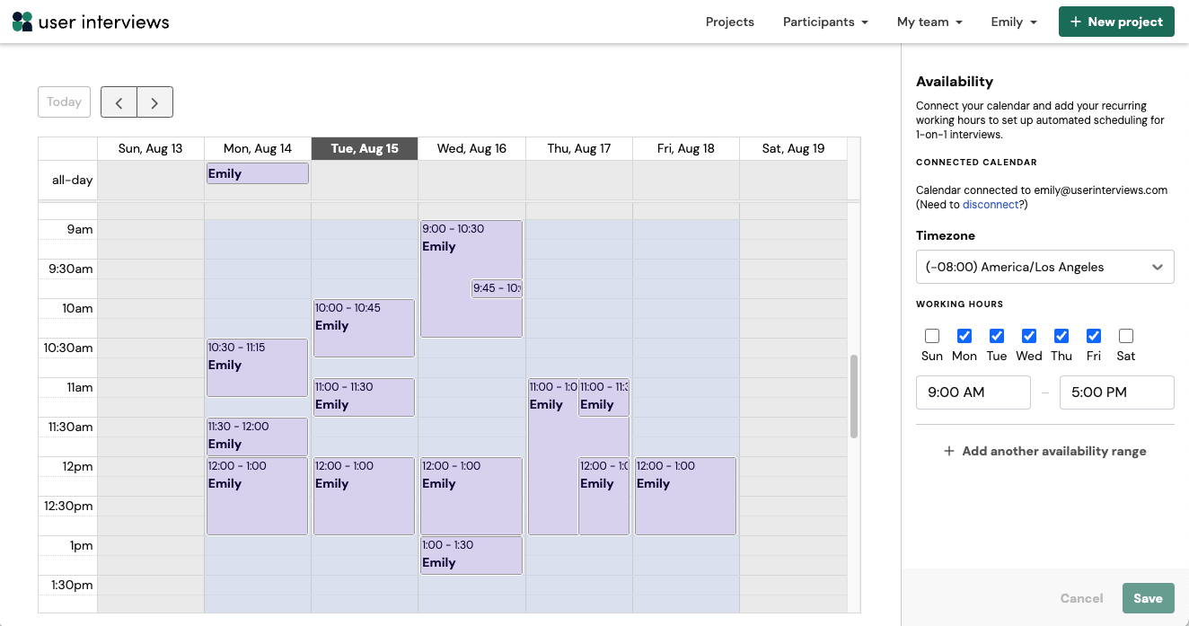 Single calendar view screenshot for Scheduling 2.0 User Interviews