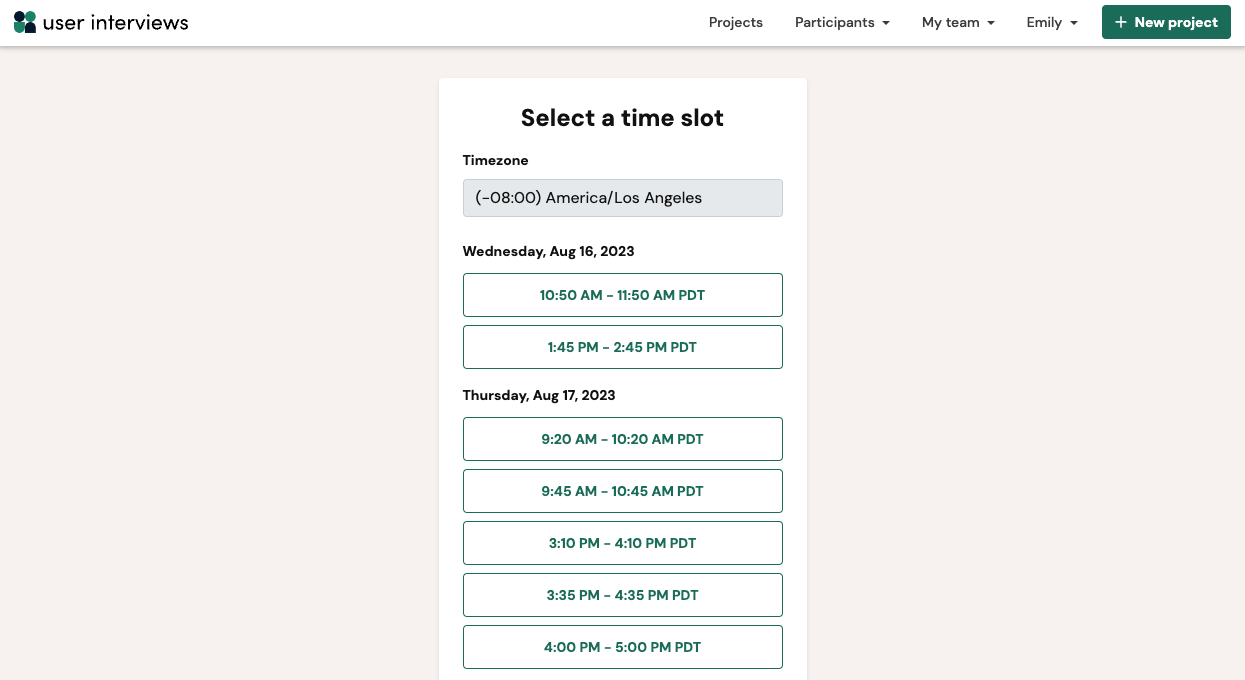 Screenshot of previewing the participant experience for scheduling moderated research sessions with User Interviews