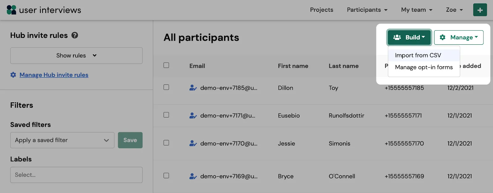 Screenshot of Research Hub view in User Interviews: import a list of participant contacts from a CSV