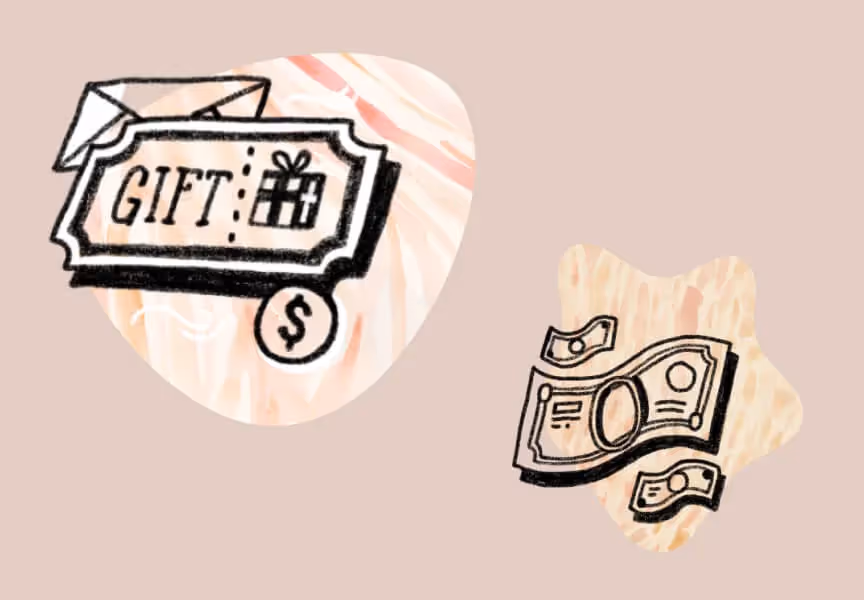 a hand drawn illustration of coins and paper notes alongside a giftcard and envelope