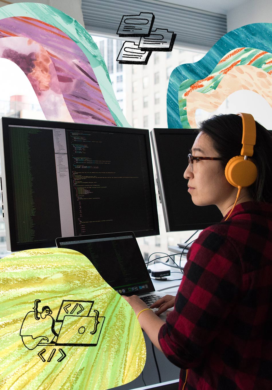 man coding with a green background