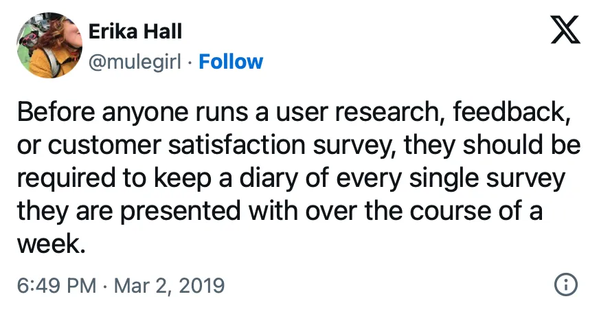 erika hall hates surveys 2019 tweet