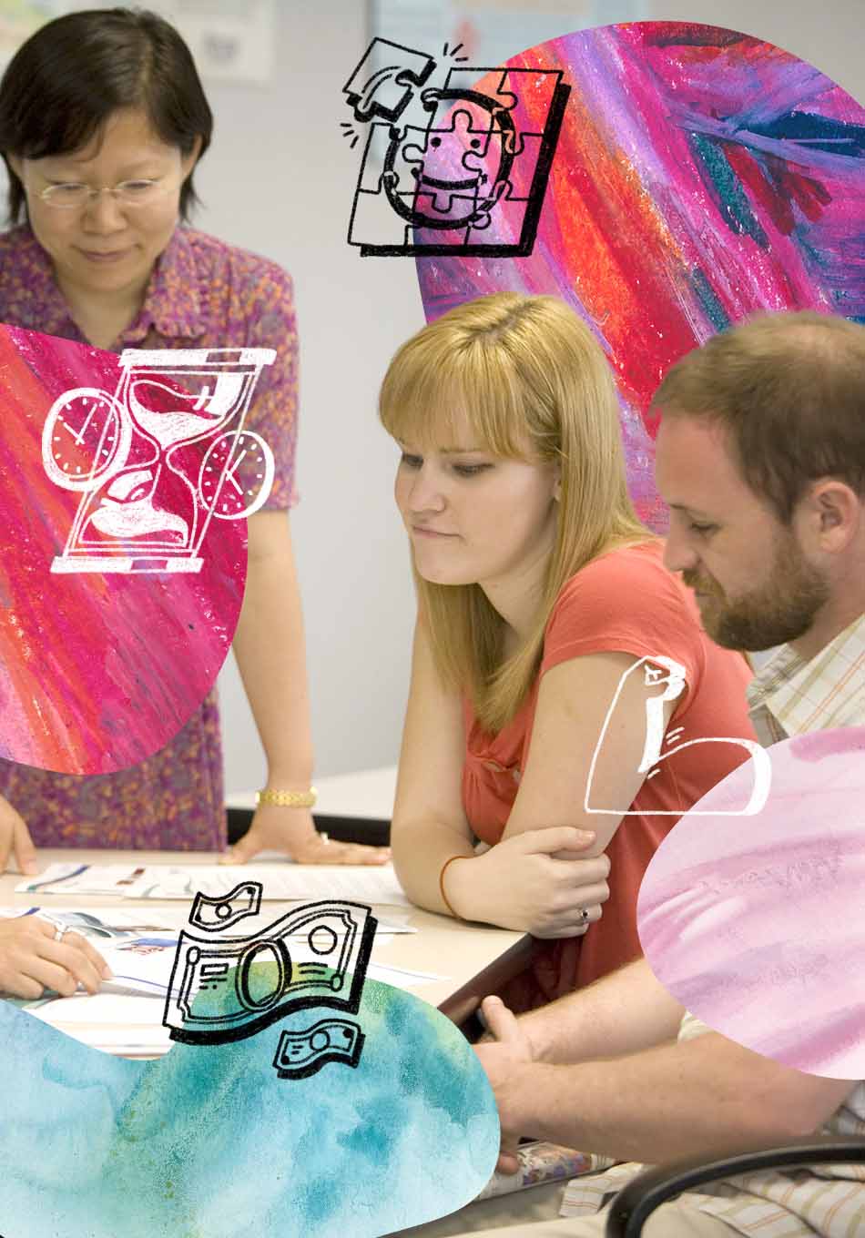 three people looking at a document, seeming uncertain