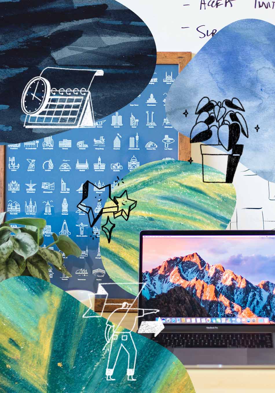 collage of shapes and illustrations around a laptop