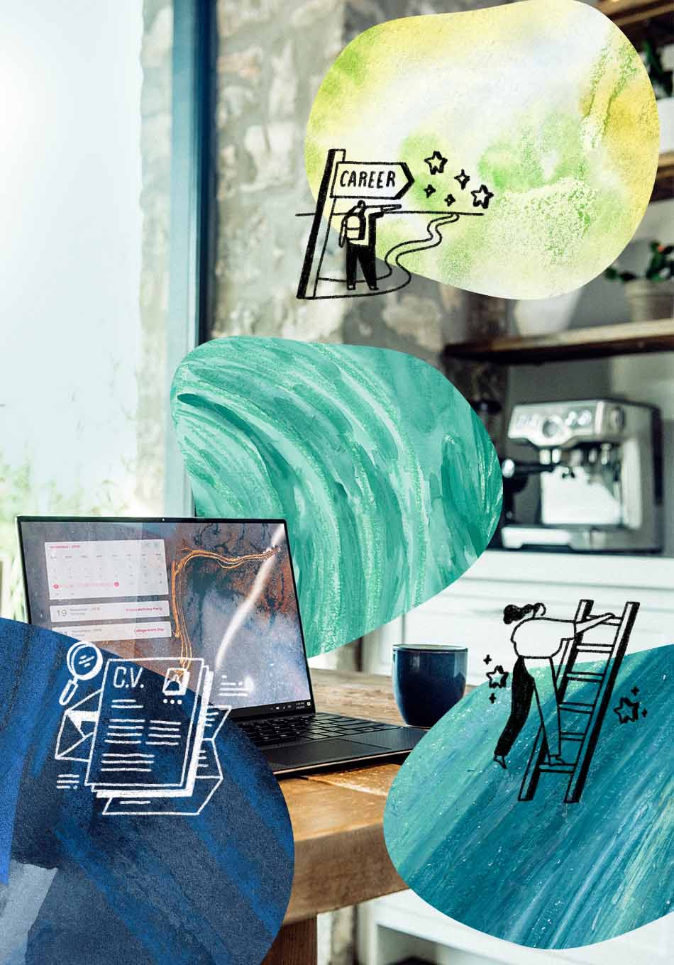 photo of laptop on table in coffee shop surrounded by textured shapes