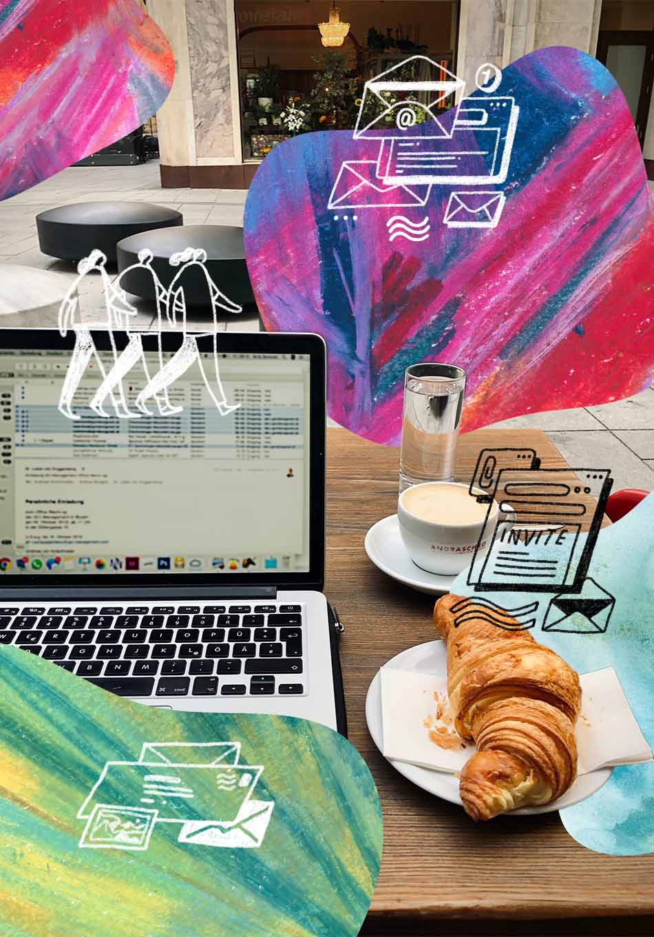 photo of outdoor table with laptop, glass, and croissant, all surrounded by textured shapes