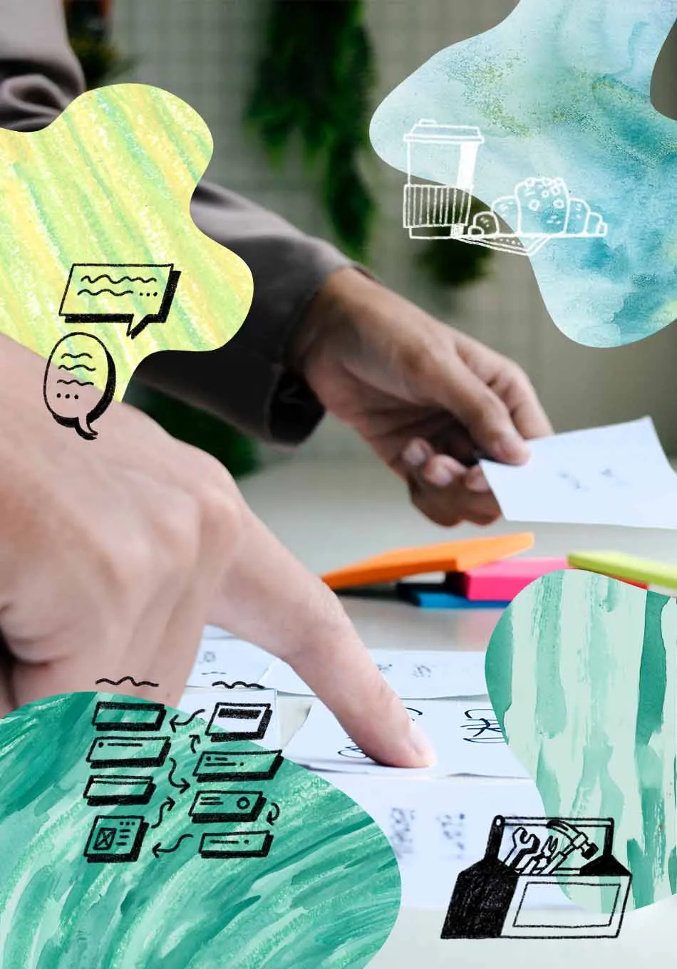 photo of finger pointing at one of several sticky notes, all surrounded by textured shapes