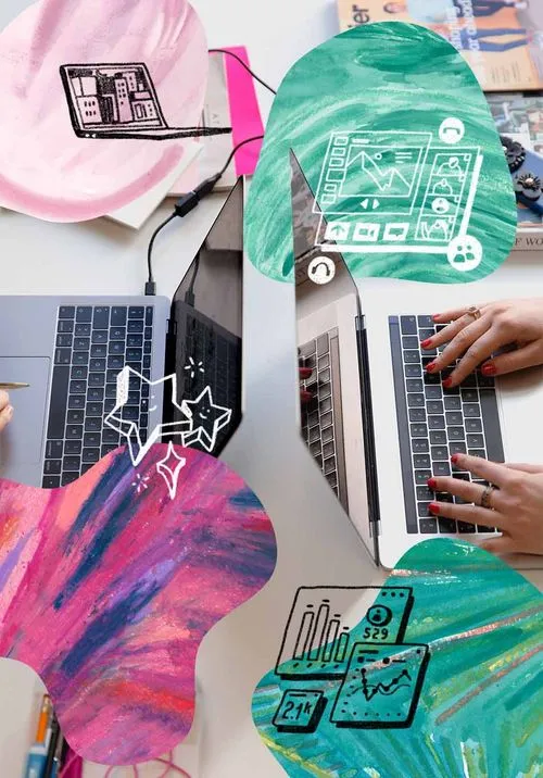 photo of two laptops back to back, both surrounded by textured shapes