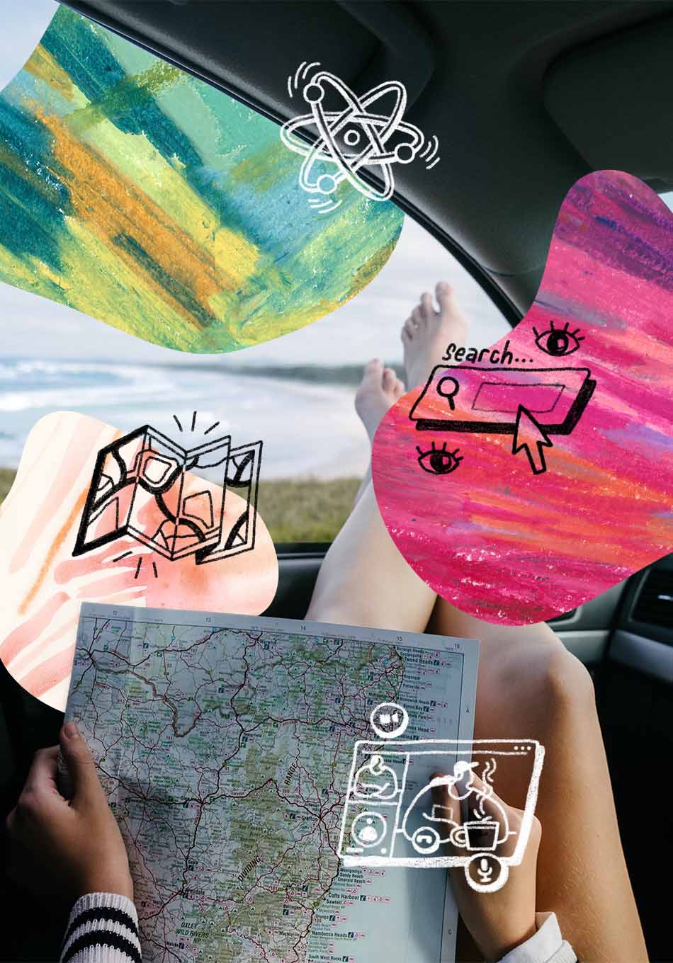 photo of person laying in car with legs out window holding a map, surrounded by textured shapes