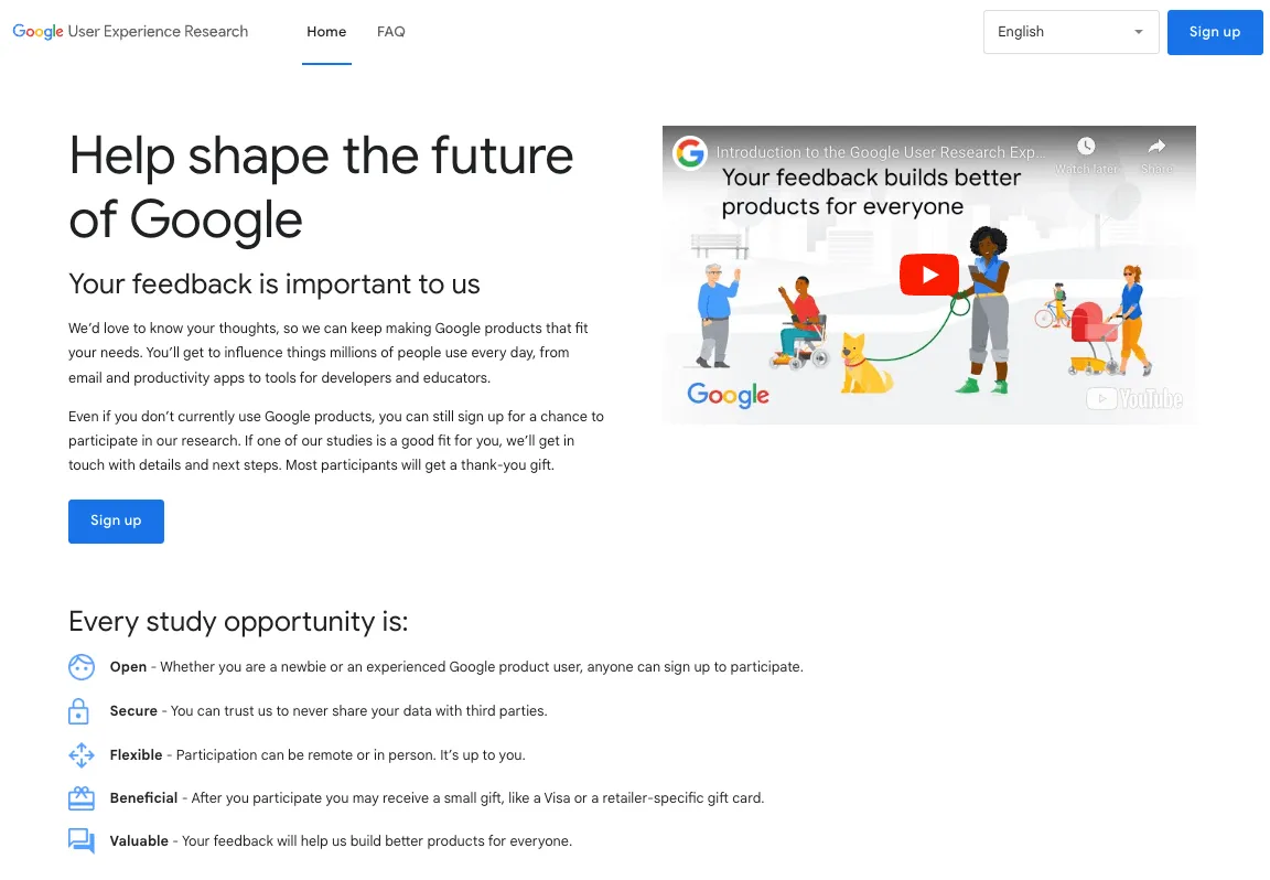 screenshot of Google's User Experience Research hompage