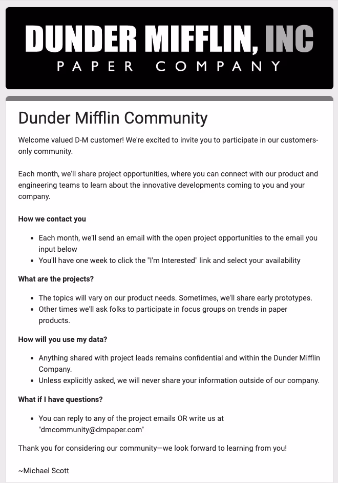 a sample opt-in form made with Google Forms
