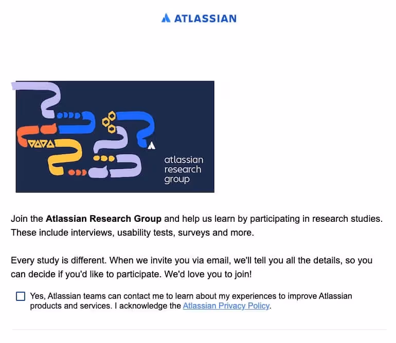 Screenshot of text describing how to join the Atlassian research group.