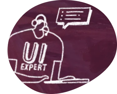 illustration of a support agent with a "UI" shirt and a speech bubble above their head