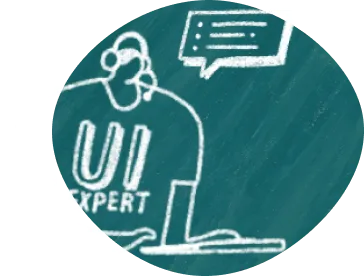 illustration of a support agent with a "UI" shirt and a speech bubble above their head